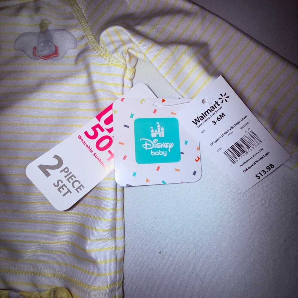Disney Baby Dumbo Rash Guard Set Kids 3-6M Yellow New UPF‎ 50+ 2pc Swimsuit